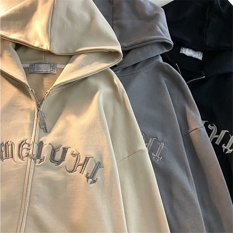 

Men's Hoodies Sweatshirts Retro Embroidered Zip Up Sweatshirt Harajuku 2021 Plus Size Hoodies Korean Style Loose Lovers Letter Long-sleeved Pullovers Tops T221008, Gray