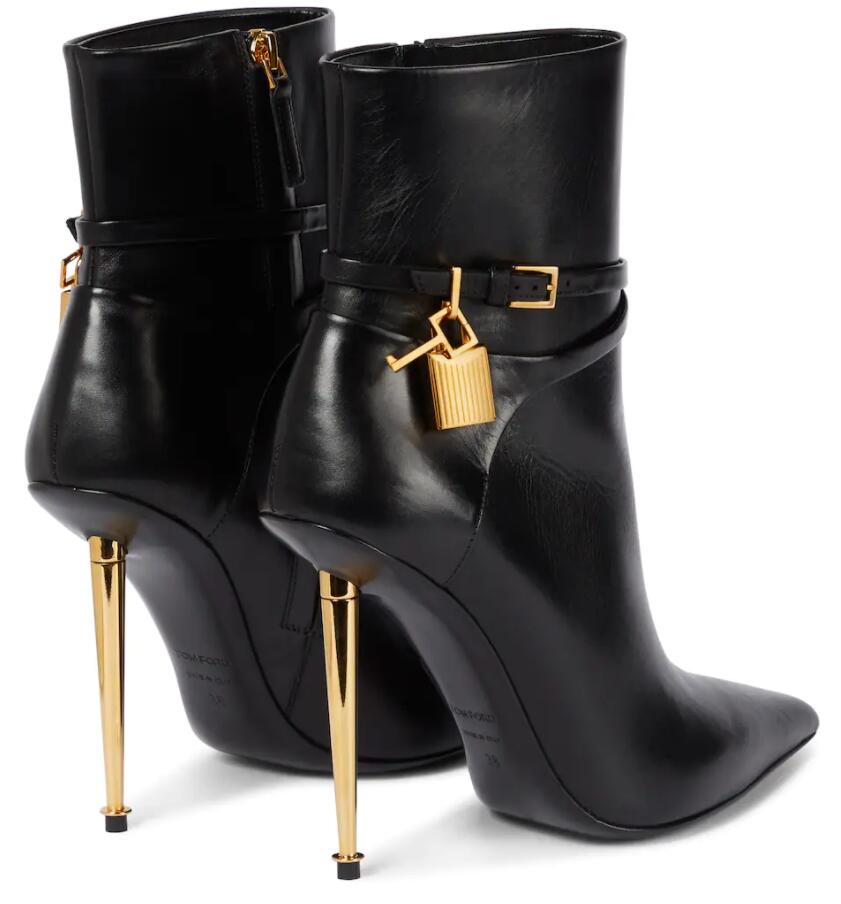 

Luxury designer women ankles boot TOM-FORD-BOOT booties calf Leather Padlock Ankle Boots 105mm gold heel pointy toe sexy lady wedding party dress pumps