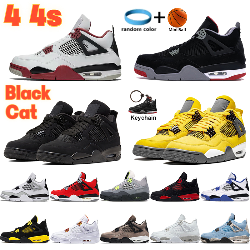 

2022 Black cat 4 mens basketball shoes 4s sneakers bred fire red thunder metallic green taupe haze tour yellow white cement university blue men women trainers, Shoe box