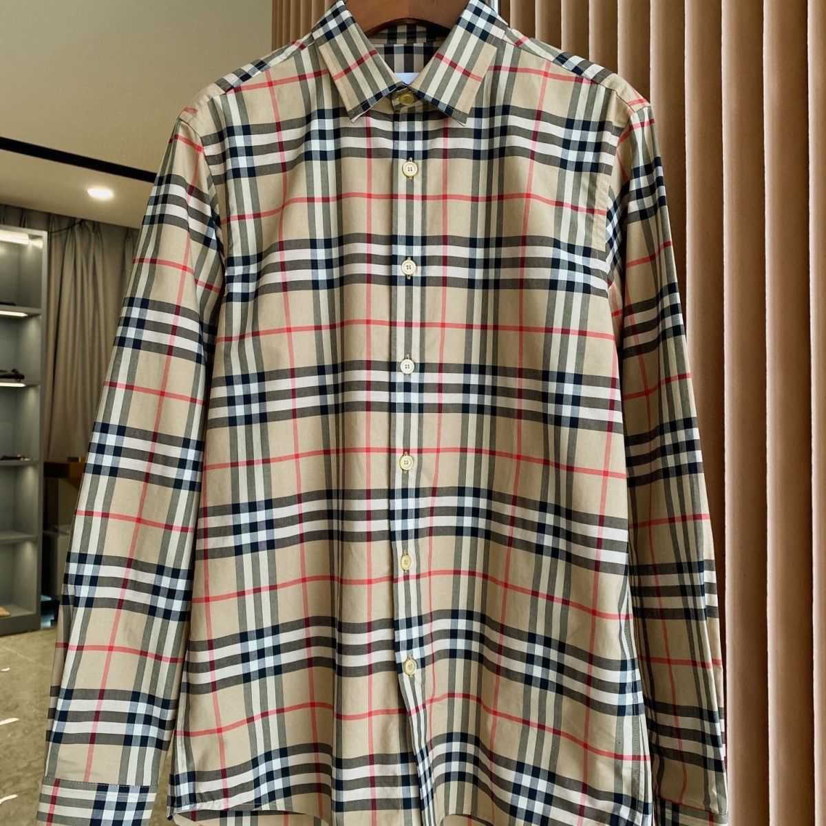 

burbrerys mens jackets coats Version BBR Classic Plaid Cotton Poplin Long Sleeve Shirt Fashion Evergreen for Men and Women, Beige