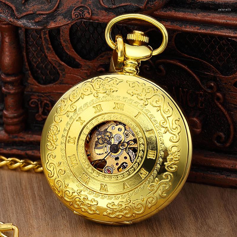 

Pocket Watches Retro Carved Automatic Mechanical Watch Fob Chain Hand Winding Full Steel Golden For Men Women Gift, Gold