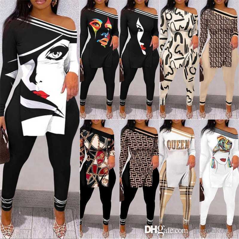 

2022 Fall Winter Women 2 Piece Pants Outfits Personalise Letter Printed Off Shoulder Split T-shirt Leggings Matching Sets, Navy blue
