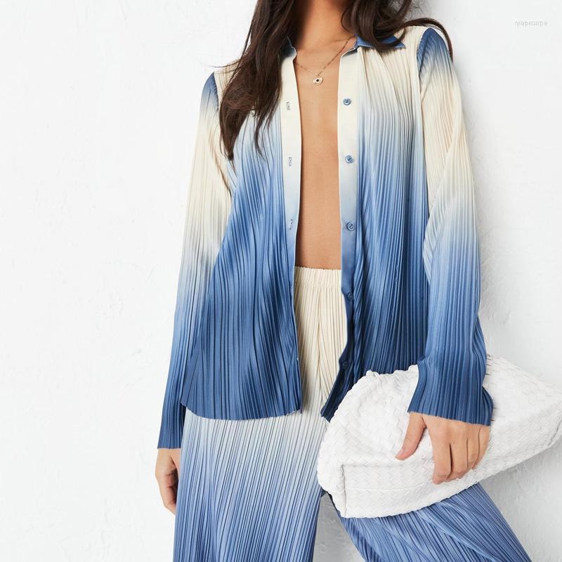 

Women' Two Piece Pants Women' Fashion Gradient Loose Outfits Women Long Sleeve Lapel Shirts And Wide Leg Suit Winter Buttoned Tops, 03 blue