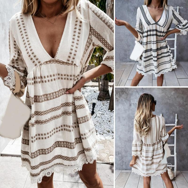 

Casual Dresses Neck Women Dress Three-quarter Sleeve Loose Commuting Striped Design Summer Lace Macrame Female ClothesCasual, Black