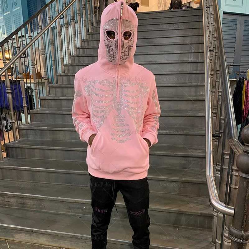 

Men' Hoodies Sweatshirts 2022 autumn Goth Hoodies Grunge Pink Hooded Jacket Streetwear Womens Y2K Rhinestone Sketon zip Oversized Sweatshirts 1008H22, Packing bag
