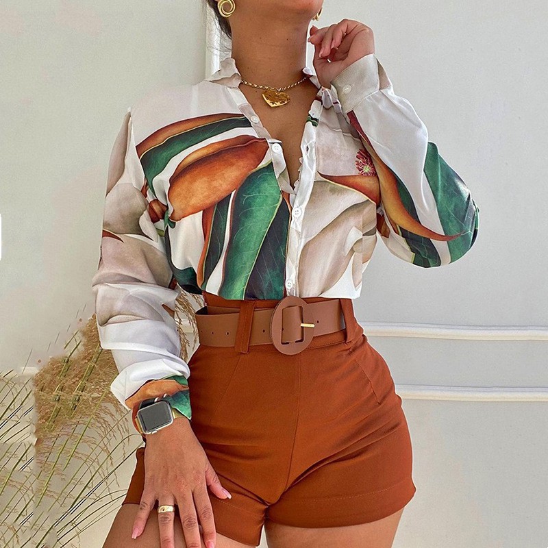 

Print Two Piece Pants Women Casual Shirt and Shorts 2Pcs Set Long Sleeve Outfits Free Ship, 1#