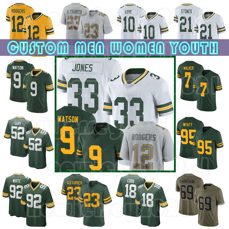 

33 Aaron Jones 9 Christian Watson 12 Aaron Rodgers Football Jerseys 10 Love 28 Dillon Green Jaire Alexander Quay Walker Randall Cobb Mason Crosby David Bakhtiari, Custom men (b z g)