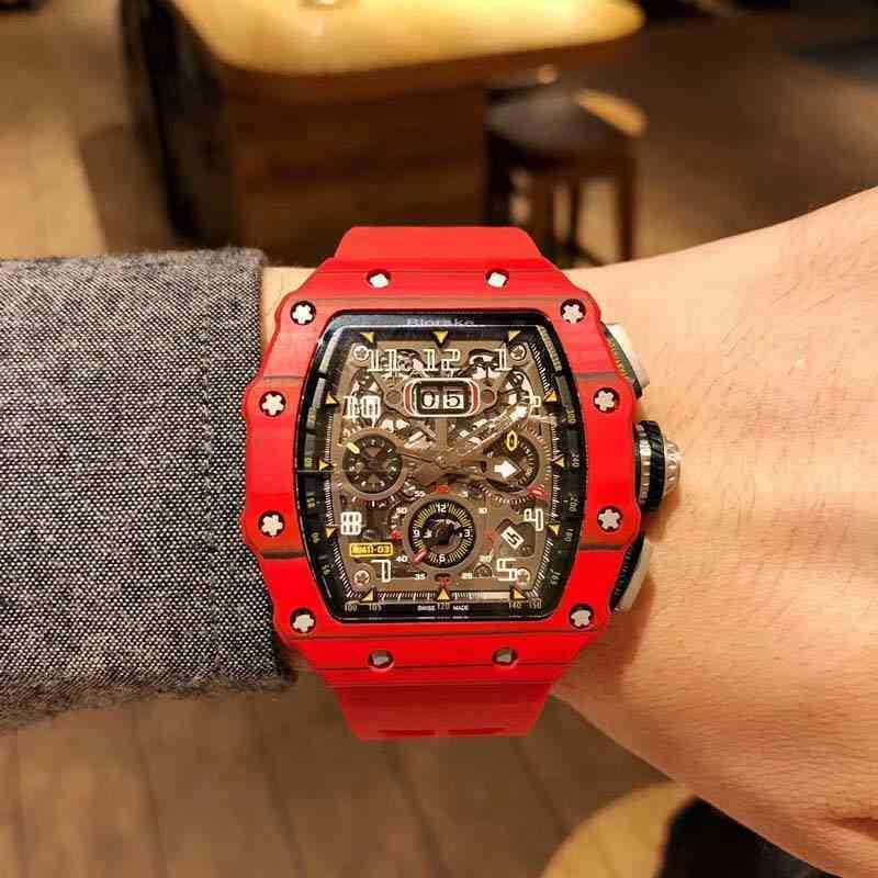 

Watch designer Milles R's Same Mechanical Rm011 Red Carbon Fiber Personalized Large Dial Wine Barrel Full-automatic Men's G1TT, Red case red strap