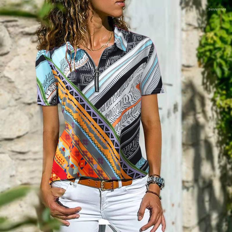 

Women' Blouses Women' & Shirts Feitong Women' Lapel Zipper Print Loose Short Sleeve Abstract Clothing Summer T-shirt Top Poleras, Or
