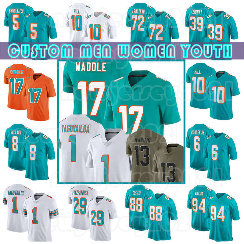 

10 Tyreek Hill 1 Tua Tagovailoa 17 Jaylen Waddle Football Jerseys Xavien Howard Dan Marino Jaelan Phillips Jevon Holland Teddy Bridgewater Mike Gesicki Duke Riley, Custom youth(h t)