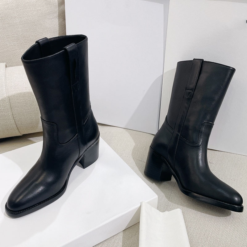 

Wax leather Knight Boots chunky hee Western Cowboy Boot Pointed toes classic fashion Half Booties for women luxury designers shoes factory Footwear, Brown