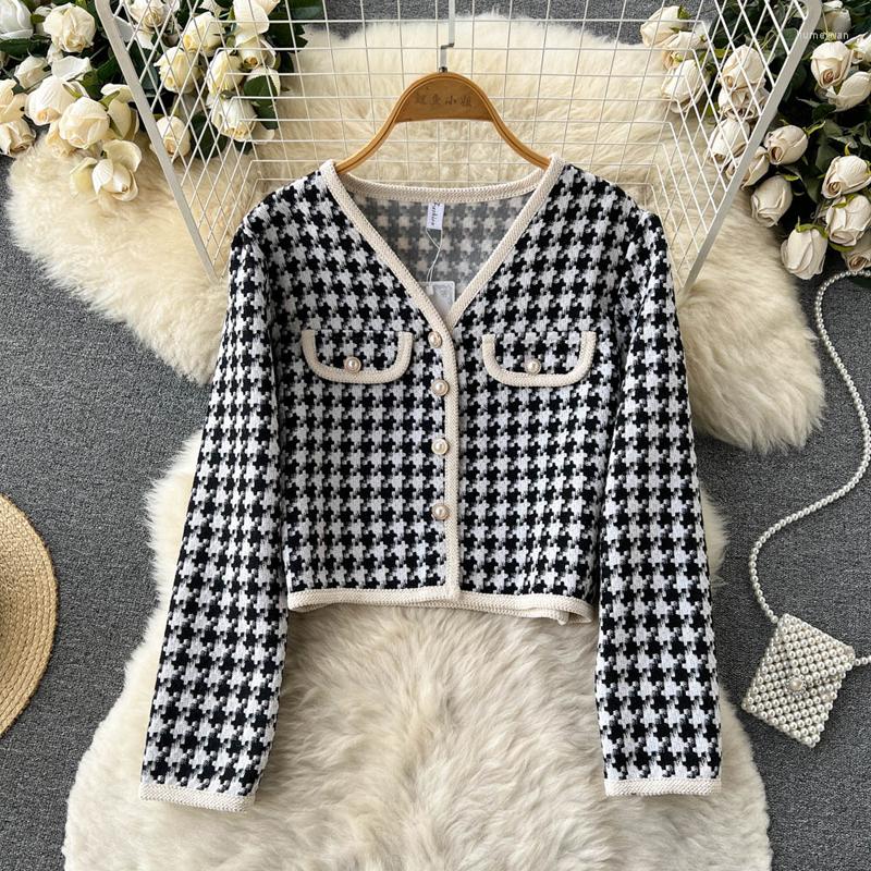 

Women' Jackets French Vintage Small Fragrance Houndstooth Tweed Jacket Coat Women' Autumn Spring Casual Patch Color Short Plaid, Black