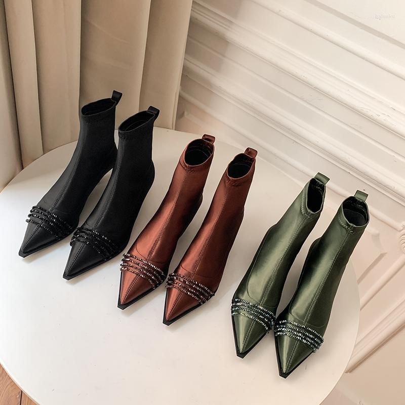 

Boots Silk Women Ankle Rhinestone Chain Autumn Spring Pointed Toe Sock Booties Thin Mid Heels Slip On Dress Shoes Woman 35-39, Black