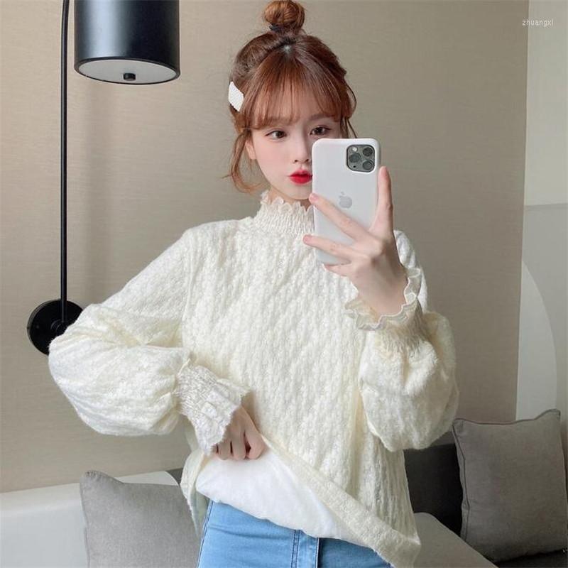 

Women' Blouses Lace Bottoming Shirt For Women Spring Autumn Western High Collar Tops Female Chic Lantern Sleeve Ruffle Ladies Wear, Beige