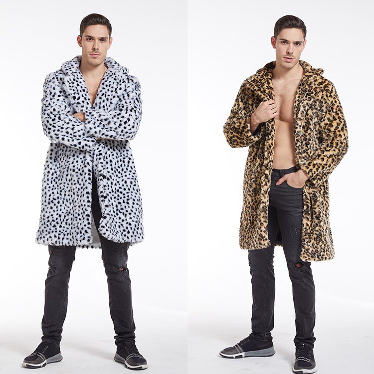 

Men coat thanksgiving gift Winter Outdoor warmth Faux Fox Fur coats medium and long tiger stripes Leopard print long sleeves jacket Casual fashion street size S-4XL, Leopard print white