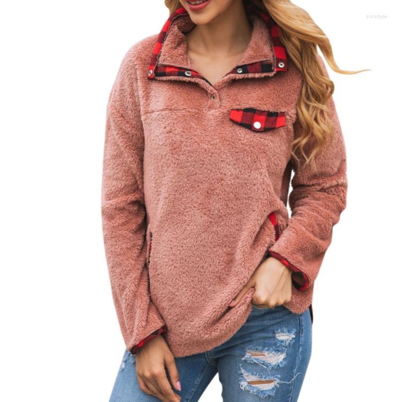 

Women' Hoodies Autumn Winter Women' Fashion Plaid Stitching Tops Pocket Button Plush Teddy Female Sweatshirt Imitation Fur Warm Blouse, As photo 1