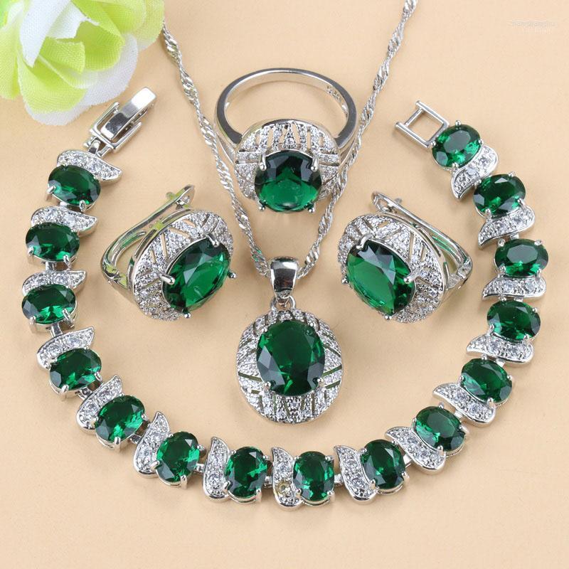 

Necklace Earrings Set & Prom With Green Stone Clip Pendant Wedding Ring Bracelet For Women Fashion Costume, Picture shown