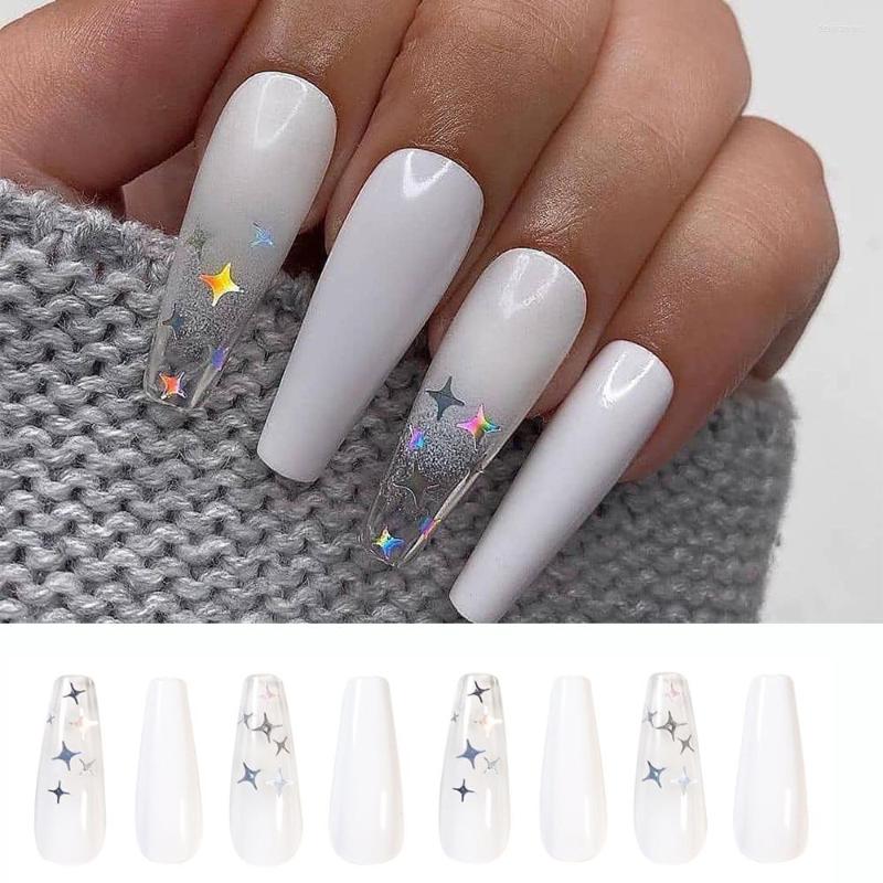 

False Nails 24pcs Detachable Butterfly Ballerina Wearable Fake Long Coffin Full Cover Nail Tips, White