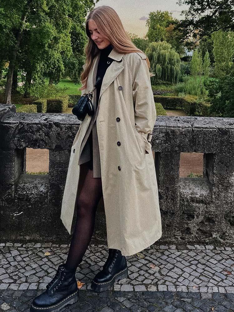 

Women' Trench Coats Jyate 2022 Autumn Solid Women Coat Lapel Neck Belt Long Female Windbreaker Fashion Elegant Double Brested Jacket, Khaki