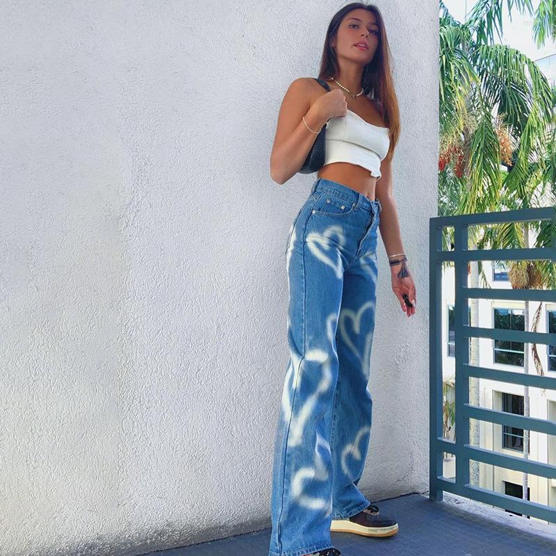 

Women's Jeans Fashion Women Patchwork 2022 Cool High Waist Straight Denim Pants Vintage Skinny Pant Trousers Heart Printed