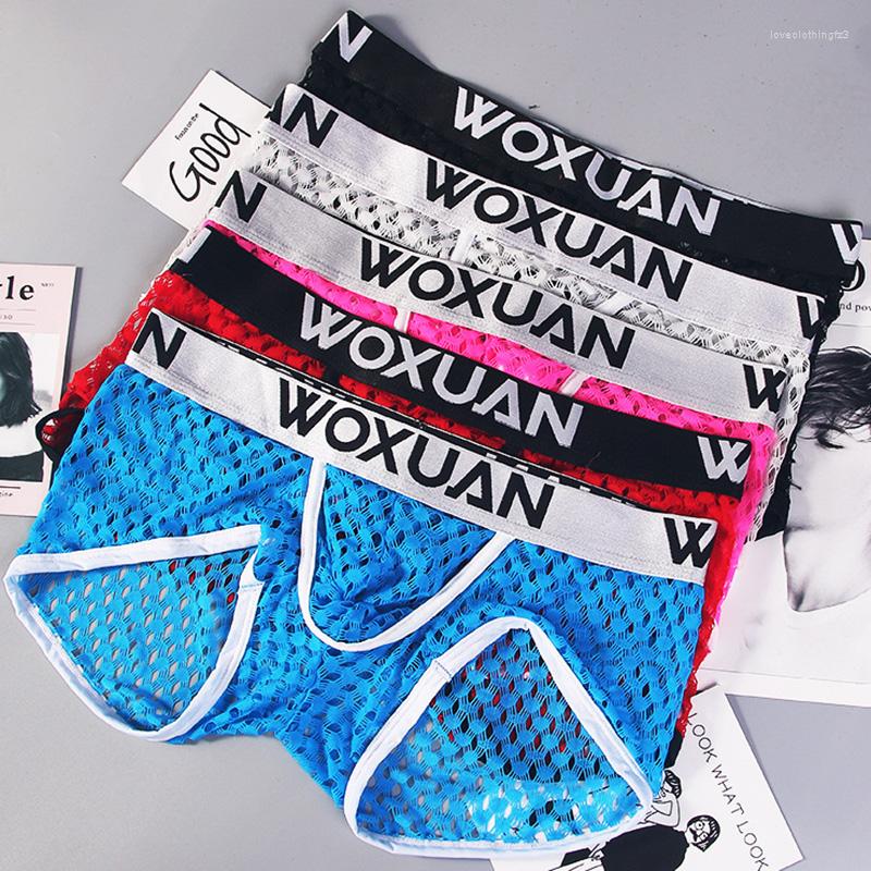 

Underpants Sexy Transparent Underwear Men Mesh Boxer Sleepwear Trunks Breathable Cueca Homem Male Net Boxers Shorts, Red