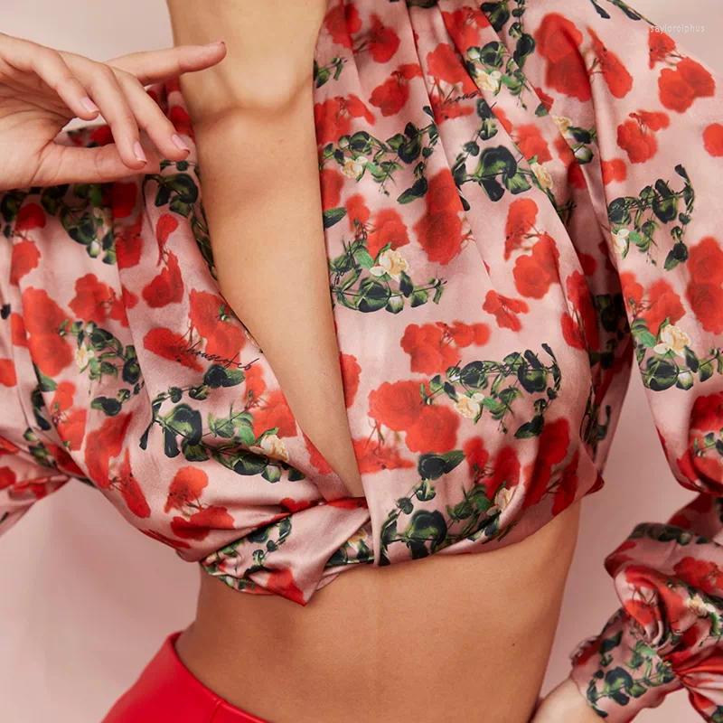 

Women' Blouses Women Foral Blouse Sexy Twist V-neck Latern Sleeve Corp Tops Or Stain Maxi Skirt Y2k Elegant Fashion Lady Streetwear