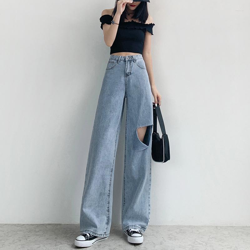 

Women's Jeans 2022 High Waist Ripped Wide Legs Pants Women Straight Loose Slimming Korean Style Wild Casual Hole Blue Denim Trousers