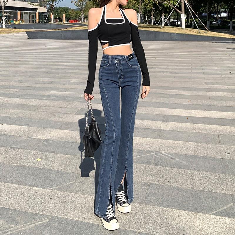 

Women's Jeans Flared High Waist Korean Style Versatile Slit Woman, Black