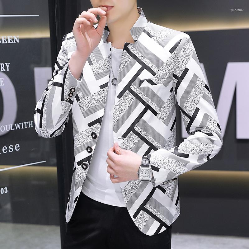 

Men's Suits Brand 2022 Spring And Autumn Stripe Zhongshan Collar Suit Jacket Korean Version Slim Waist Young Printed Small S-3XL318, Navy blue