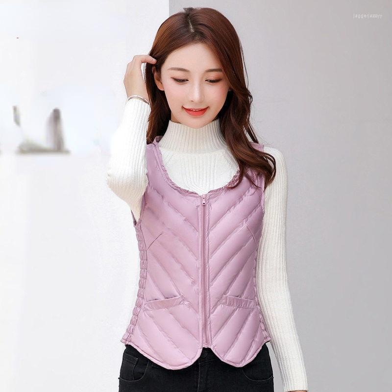 

Women' Down Women' Fashion Inner Wear Solid Color Slim-fitting Vest Retro Round Neck Zipper Jacket Autumn And Winter, Black
