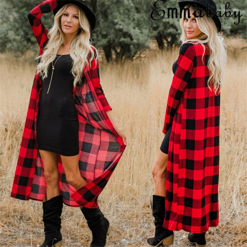 

Women' Jackets Fashion Women Jacket Loose Casual Long Overcoat Ladies Plaid Open Front Sleeve Coat Maxi Cardigan Top Autumn Winter, Red