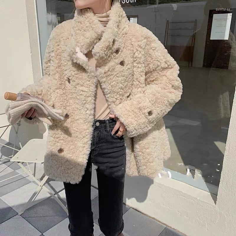 

Women's Fur 2022 Autumn Winter Women Clothes Faux Coat Thick Warm Sheep Shearling Jacket Female Double Breasted Wool Outwear Manteau, White