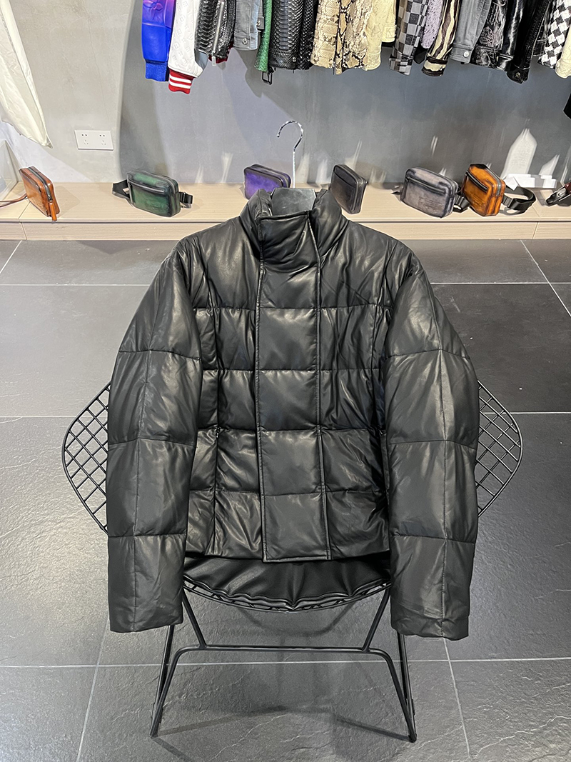 

Designer's new men's lambskin Leather down lightweight warm luxury top coat, Black