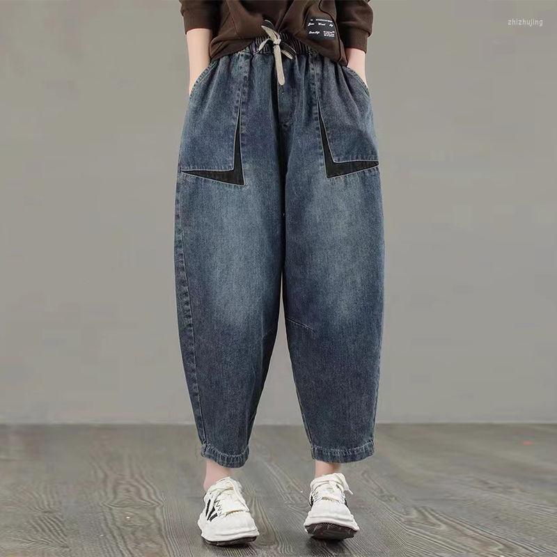 

Women' Jeans Spring Autumn Ladies Washed Cotton Denim Harem Pants Elastic Waist All-Match Casual Ankle-length Pockets Trousers 2022, Blue