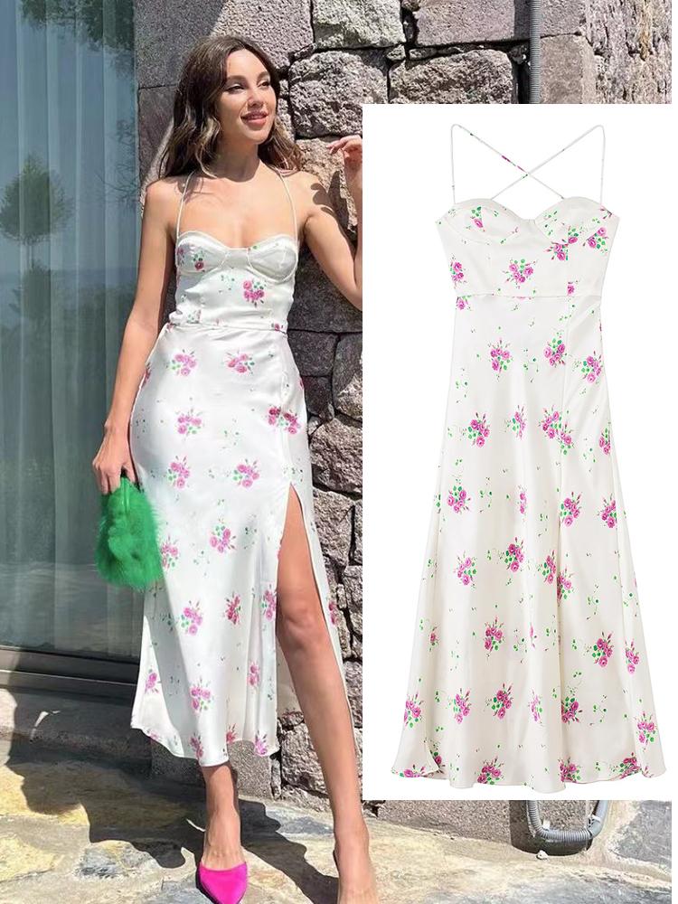 

Casual Dresses PUWD Women Flower Print Sling Low Cut Slit Dress 2022 Summer Ladies Back Strap Sexy Backless Party Slim Female Chic