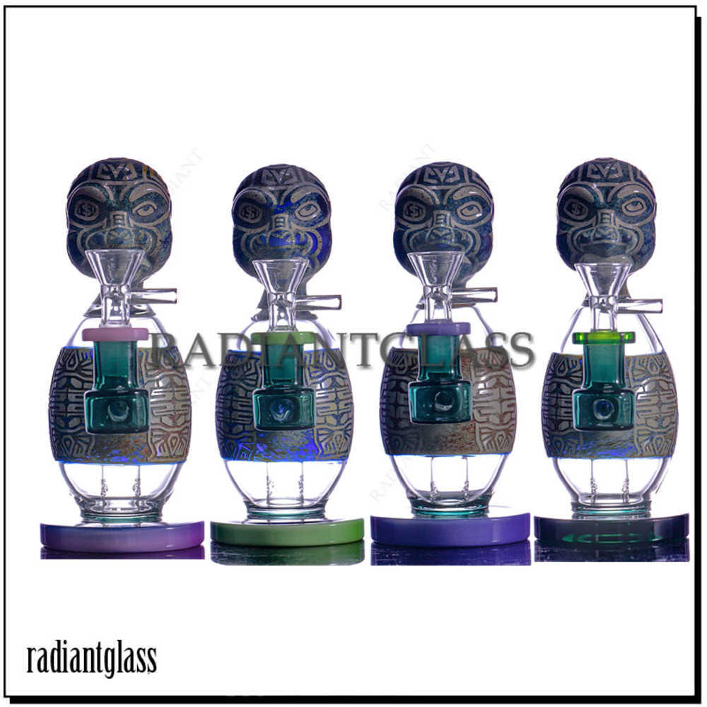 

7.3 Inches Hookahs Small Bong Carved Face Head Dab Rig Thick Glass Smoking Water Pipes Craft Style with Percolator And Glass Bowl