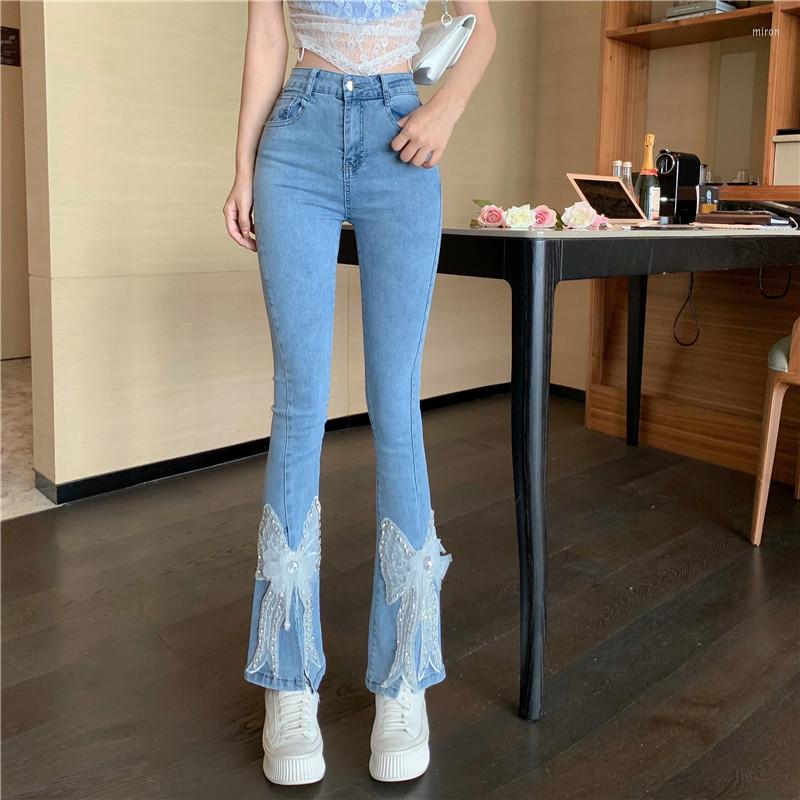 

Women' Jeans Heavy-duty Diamond Handmade Beading Embroidery High Waist Flare Pants Women Stretch Slim Female Casual Trousers Plus Size, Blue