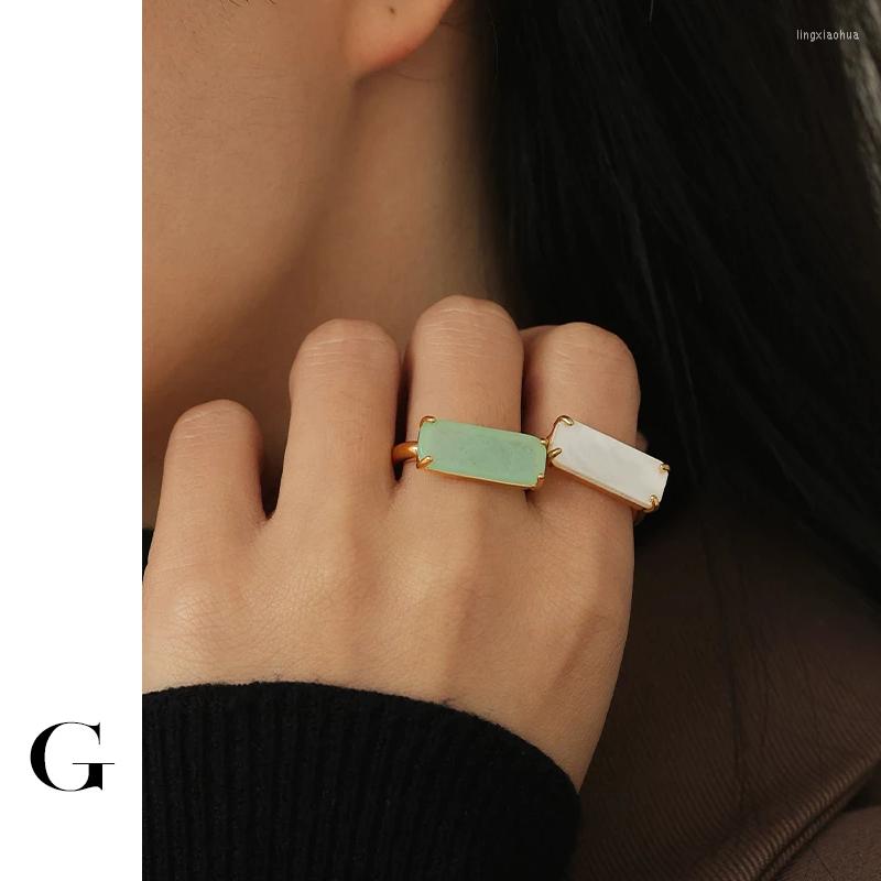 

Cluster Rings GHIDBK Elegant Lady Rectangle Natural Stone For Women Multi Color Temperament Stackable Finger Ring Shell Chunky Jewelry