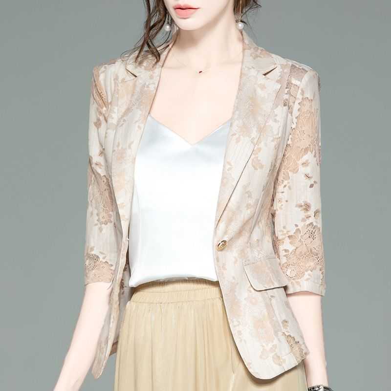 

Women' Jackets Spring Summer Women 3/4 Sleeve 6XL Sun Protection Clothing Sexy Hollow Lace Slim Shawl Office Ladies Work Wear X241 T221008, Black