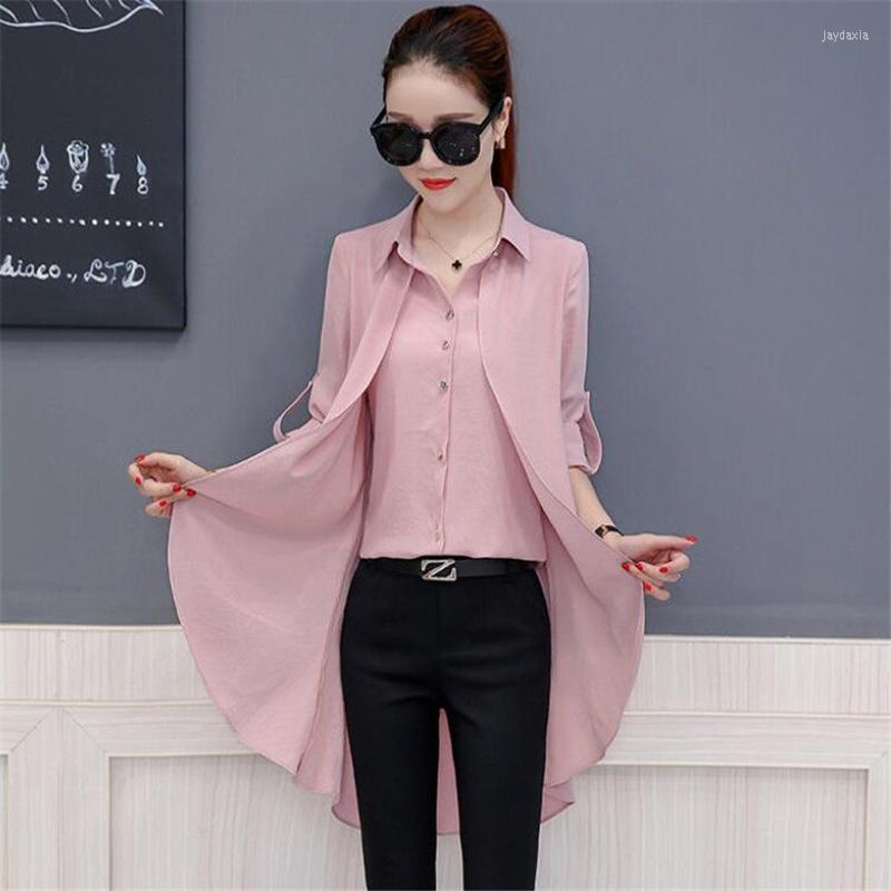 

Women's Blouses Fake Two-piece Blouse Women Autumn Shirts Trench Buttoned Lapel Chic Long Streetwear Loose Korean Female Blusa Top Casual, Red