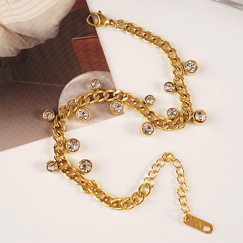 

Charm Bracelets Shiny Zircon Thick Chain Bracelet For Women Adjustable Colorfast Gold Plated Titanium Steel Bangle Jewelry