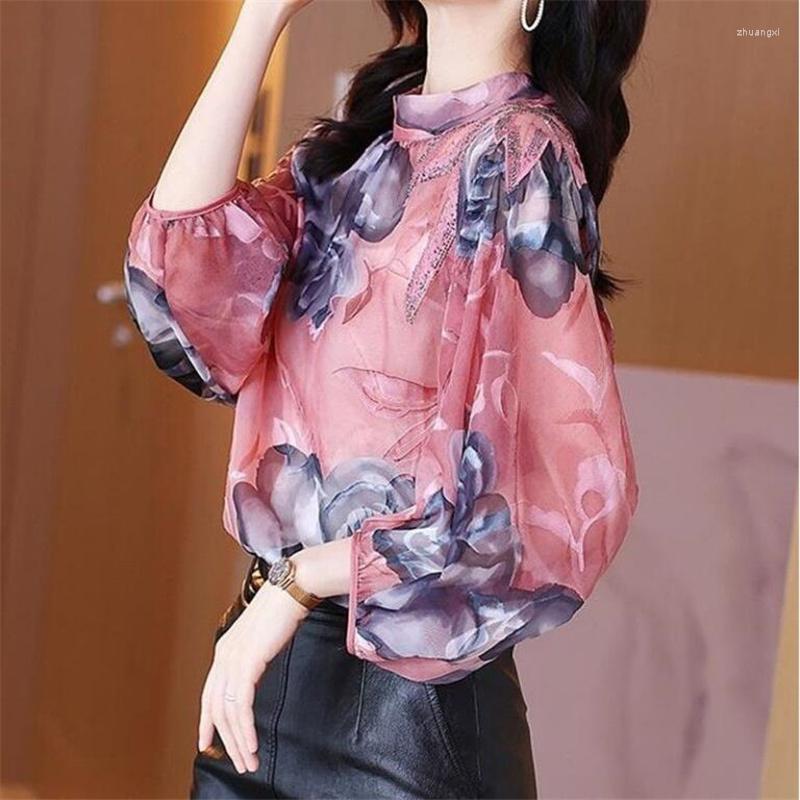 

Women's Blouses Drill Pullover Shirts Women's Floral Chiffon Blases Seven-point Lantern Sleeve Summer Foreign Tops Feminine, Color