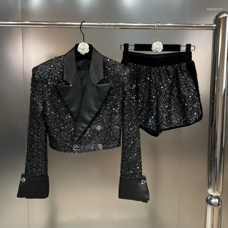

Women' Tracksuits PREPOMP Autumn Arrivals Long Sleeve Double Breasted Buttons Sequins Slim Jacket Stretch Shorts Two Piece Set Outfits