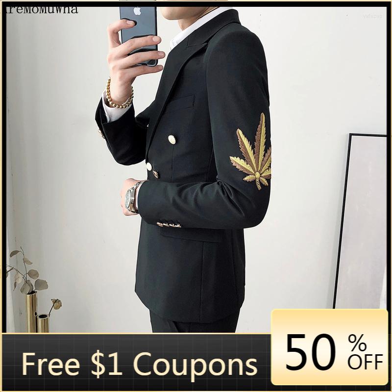

Men's Suits Double-breasted Suit Hair Stylist Male Slim Shirt Korean Men's Casual Embroidered Jacket Flower Blazer MenS-3XL, Black