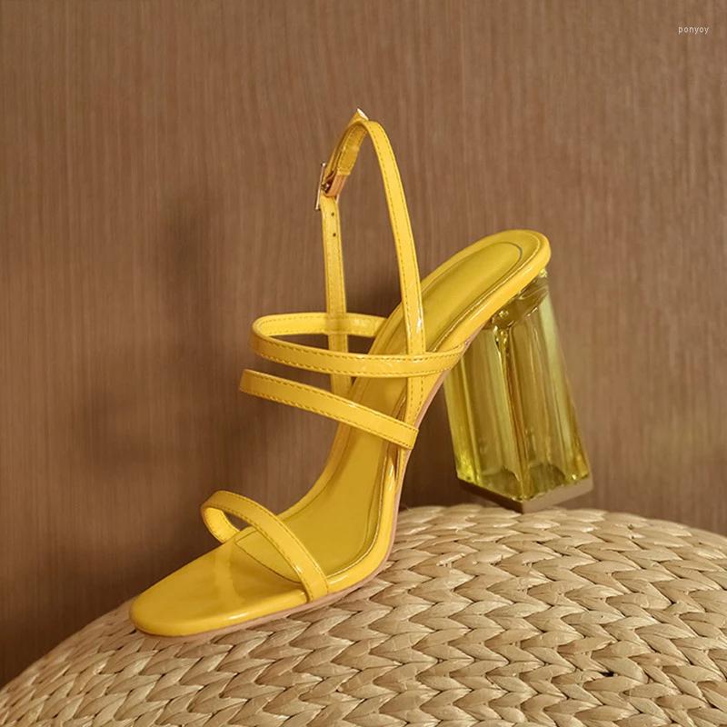 

Sandals 2022 Summer Sexy Narrow Band Women Fashion Clear Heeled Slingback Thick High Heels Gladiator Female Chunky Shoes, Yellow heels