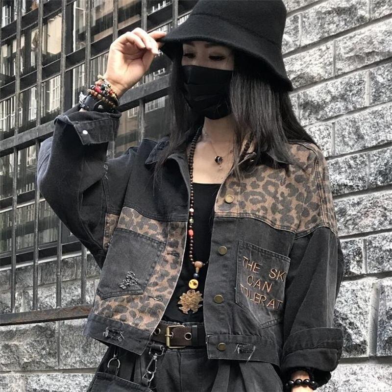 

Women' Jackets Embroidery Leopard Jeans Jacket Feminine Short Coats Distressed Brushed Streetwear Loose Spring Autumn Outwear Women, Black