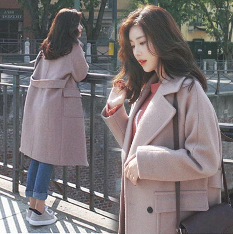 

Women' Wool Autumn And Winter Korean Version Lapel Loose With Velvety Thickening Double Row Buckle Long Pocket Slim Woollen Coat Wome, As photo 1