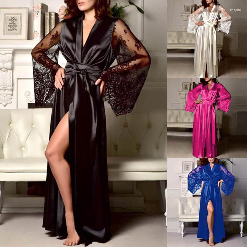 

Women's Sleepwear Women's Satin Sexy Pajama Set Long Nightdress Silk Lace Bandage Nightgown Homewear Home Dating Suit Woman, Black