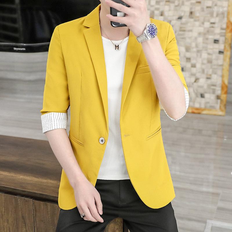 

Men's Suits 2022 Summer Men's Solid Color Flanging Blazer Teen Trend Casual Thin Mid-Sleeve Slim-Fitting Fashion And All-Matching, Black