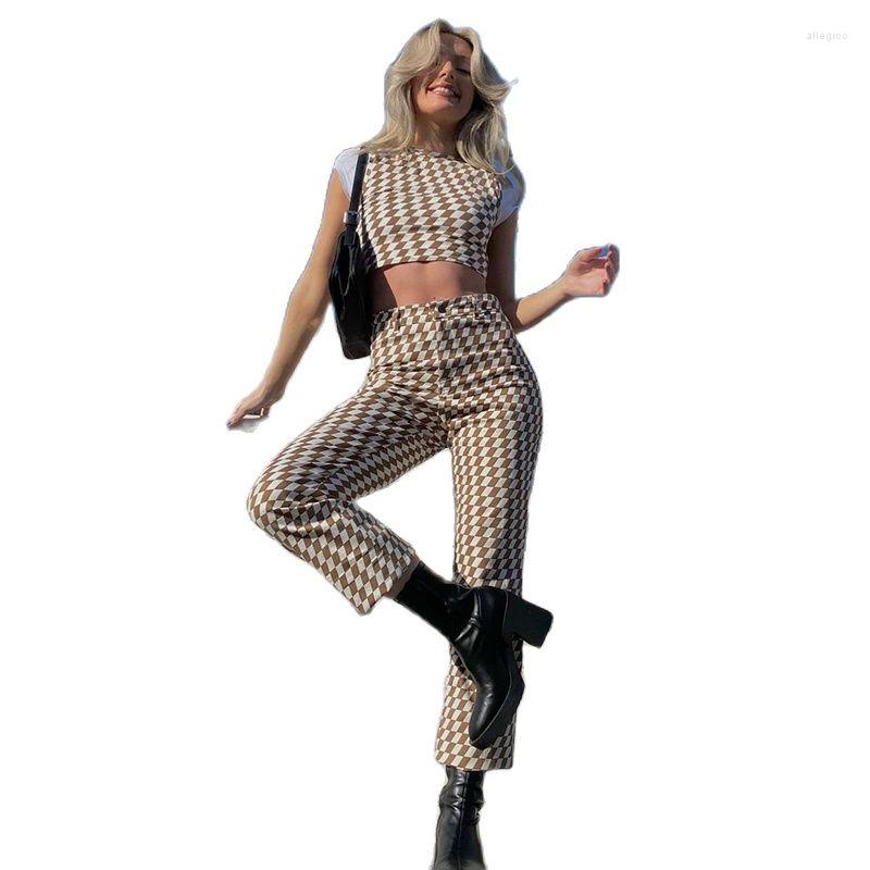 

Women' Two Piece Pants 2022 Plaid Checkerboard Women 2 Set Crop Top Tanks Cropped Trousers Bodycon Sexy Elegant Streetwear Casual Summer